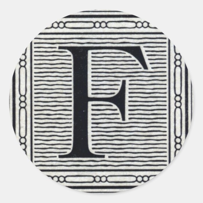 Block Letter "F" Woodcut Woodblock Inital Round Sticker