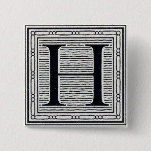 Block Letter "H" Woodcut Woodblock Inital Button