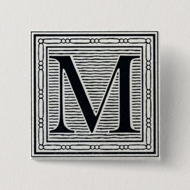 Block Letter "M" Woodcut Woodblock Inital Button (Front)