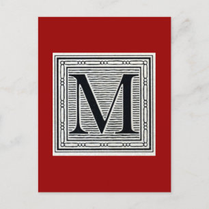 Block Letter "M" Woodcut Woodblock Inital Postcard