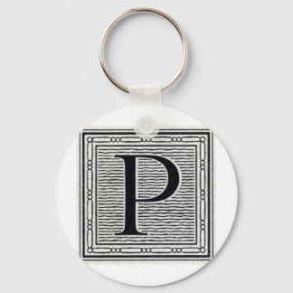 Block Letter "P" Woodcut Woodblock Inital Keychain
