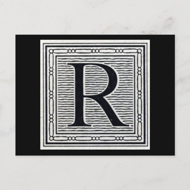 Block Letter "R" Woodcut Woodblock Inital Postcard (Front)