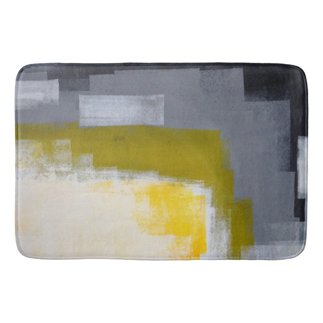 'Block Party' Grey and Yellow Abstract Art Bathroom Mat (Front)