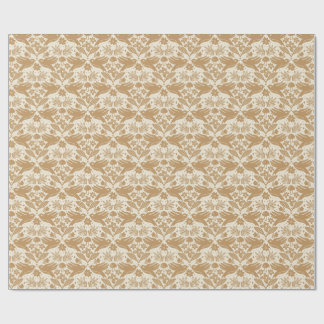 Block Print Birds with Florals | Beige & Gold Seam Wrapping Paper
