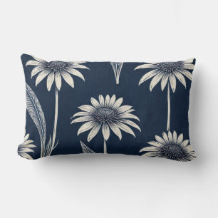 Block print blue and white Coneflower Lumbar Pillow
