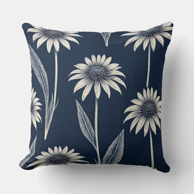 Block print blue and white Coneflower Throw Pillow (Front)