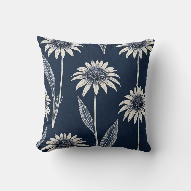 Block print blue and white Coneflower Throw Pillow (Front)