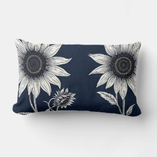 Block print blue and white Sunflowers Lumbar Pillow