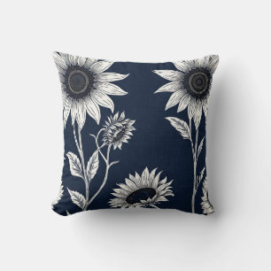 Block print blue and white Sunflowers Throw Pillow
