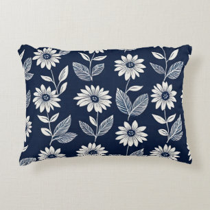Block print boho floral blue and white accent pillow