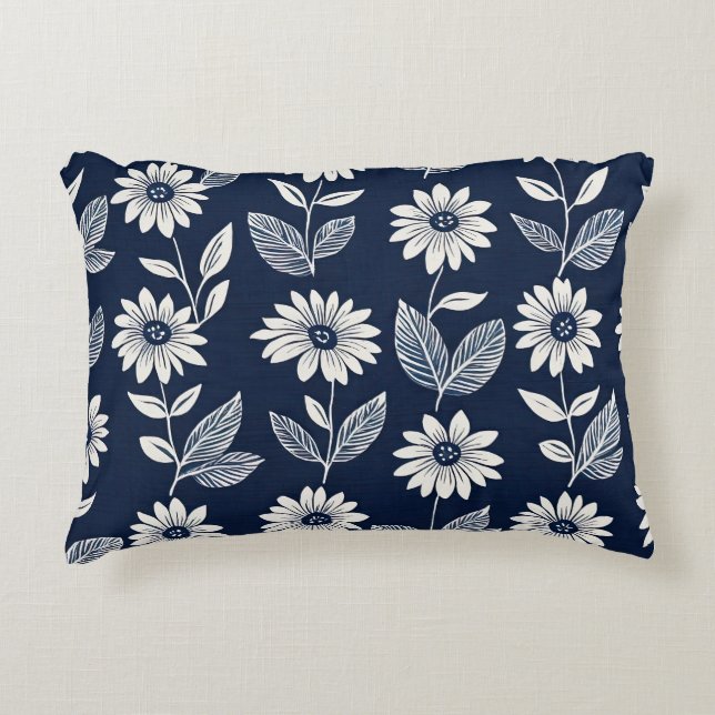 Block print  boho floral blue and white  accent pillow (Front)