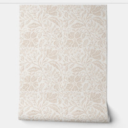 Block print floral neutral beige on white wallpaper