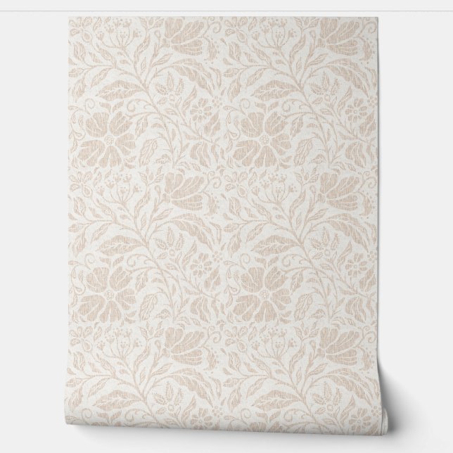 Block print floral neutral beige on white wallpaper  (Unrolling)