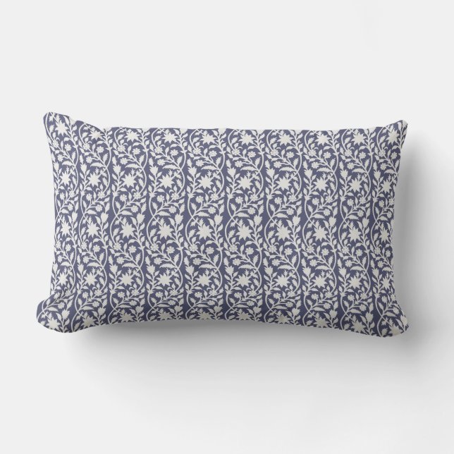 Block print inspired blue\navy floral  lumbar pillow (Front)