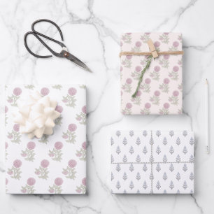 Block print inspired floral wrapping paper sheets