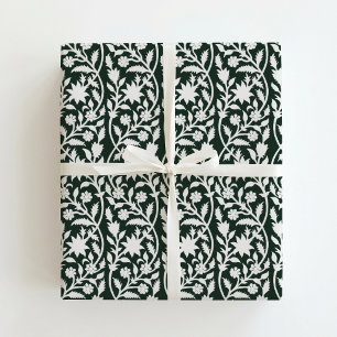 Block print inspired green floral  wrapping paper
