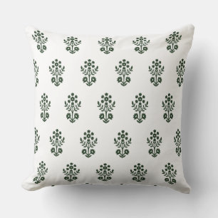 Block print inspired green flower throw pillow