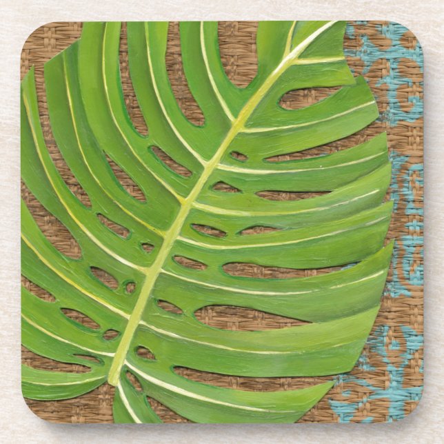 Block Print Palm on Wicker Background Beverage Coaster (Front)