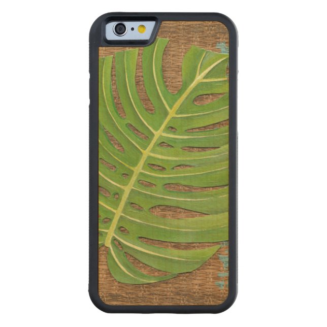 Block Print Palm on Wicker Background Carved Wood iPhone Case (Back)