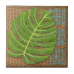 Block Print Palm on Wicker Background Ceramic Tile