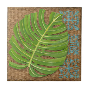 Block Print Palm on Wicker Background Ceramic Tile