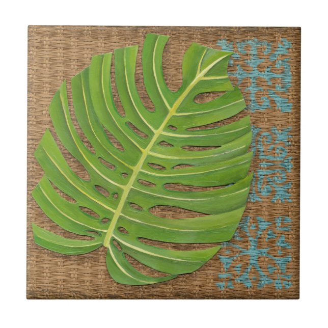 Block Print Palm on Wicker Background Ceramic Tile (Front)