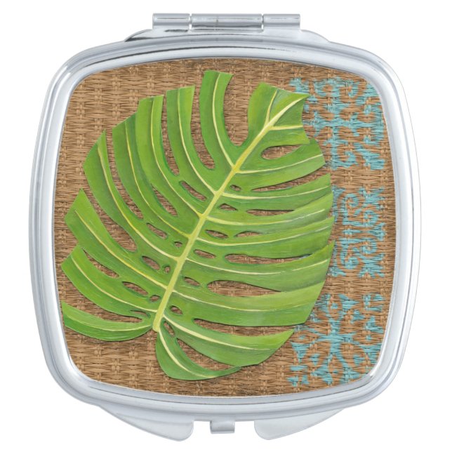 Block Print Palm on Wicker Background Compact Mirror (Front)