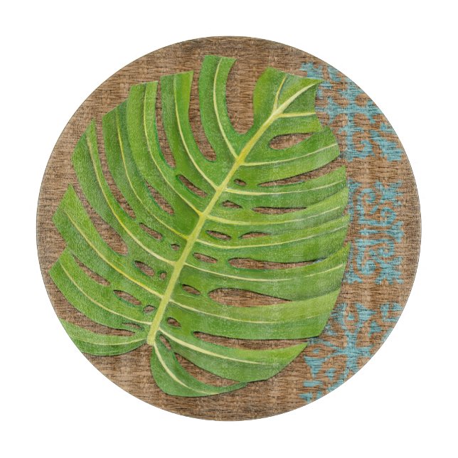 Block Print Palm on Wicker Background Cutting Board (Front)