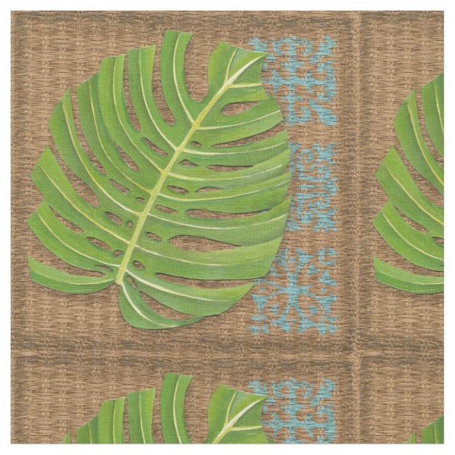Block Print Palm on Wicker Background Fabric (Close Up)