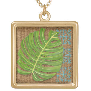 Block Print Palm on Wicker Background Gold Plated Necklace