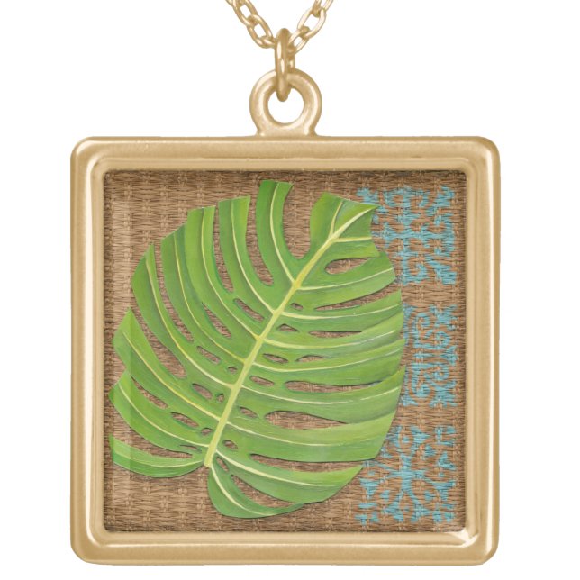 Block Print Palm on Wicker Background Gold Plated Necklace (Front)