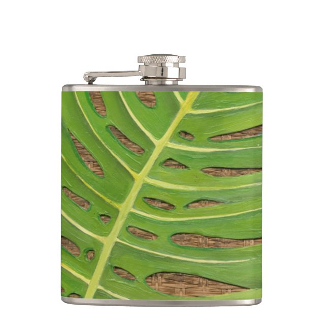 Block Print Palm on Wicker Background Hip Flask (Front)