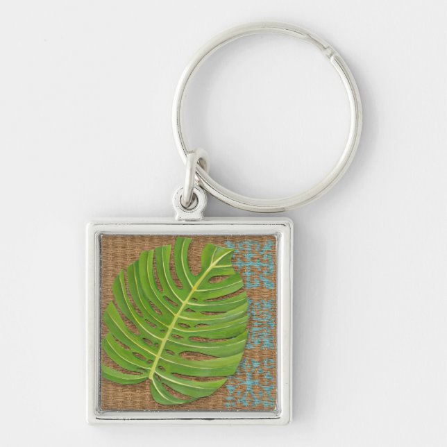 Block Print Palm on Wicker Background Keychain (Front)