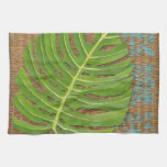Block Print Palm on Wicker Background Kitchen Towel