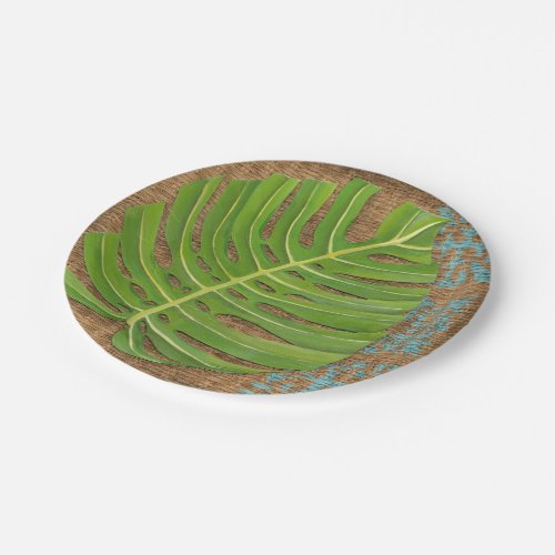 Block Print Palm on Wicker Background Paper Plates