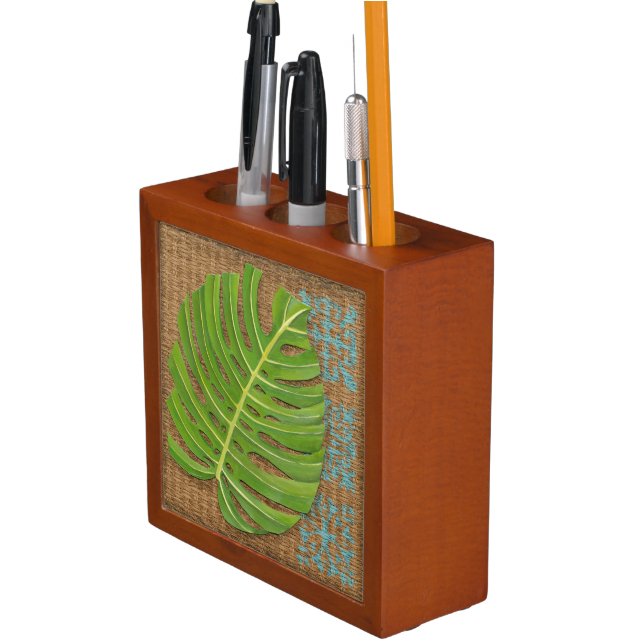Block Print Palm on Wicker Background Pencil Holder (In Situ)