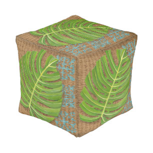 Block Print Palm on Wicker Background Pouf