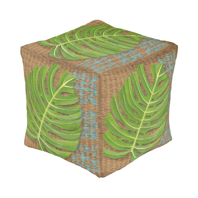 Block Print Palm on Wicker Background Pouf (Angled Front)