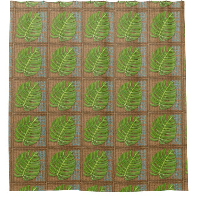 Block Print Palm on Wicker Background Shower Curtain (Front)