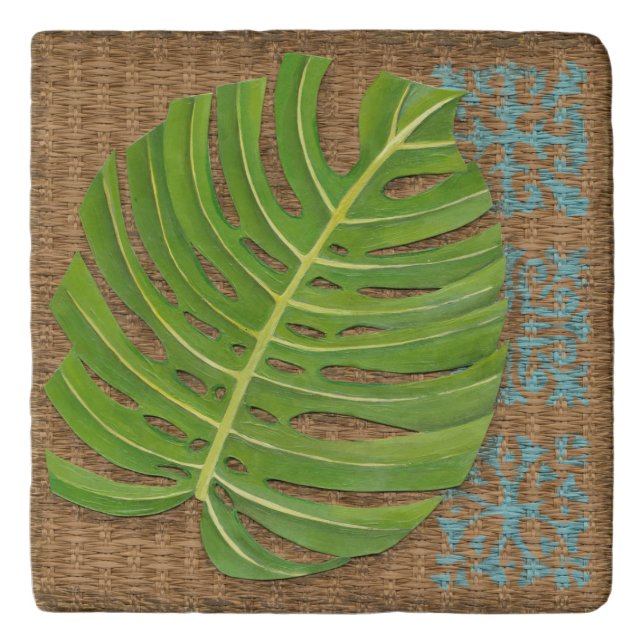 Block Print Palm on Wicker Background Trivet (Front)