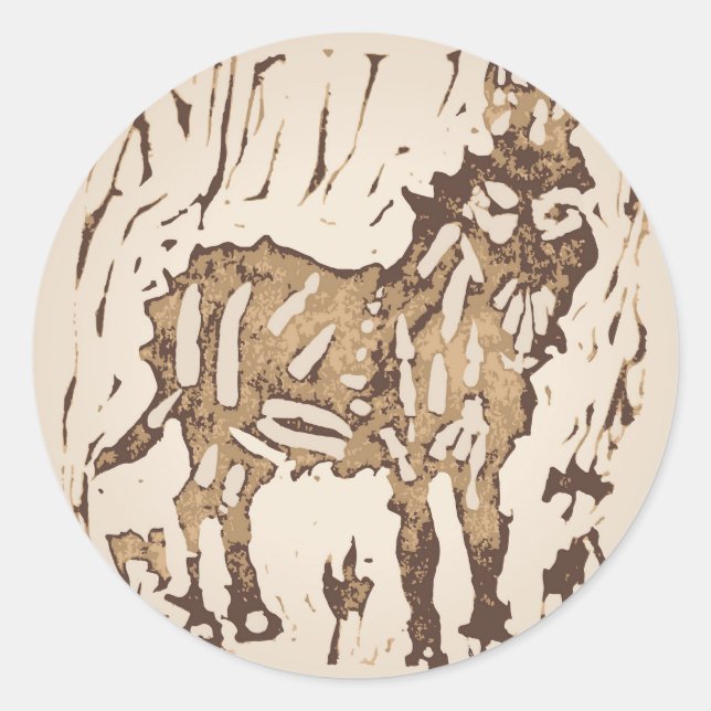 Block Print Sheep Donkey Quilt - brown donkey. Classic Round Sticker (Front)