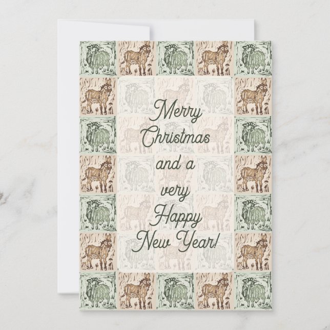 Block Print Sheep Donkey Quilt - Christmas generic Holiday Card (Front)