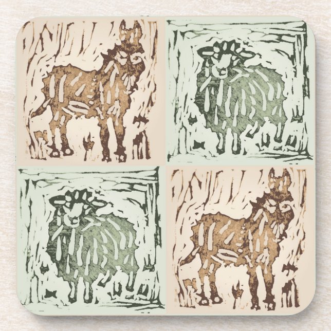 Block Print Sheep Donkey Quilt - farm animals. Beverage Coaster (Front)