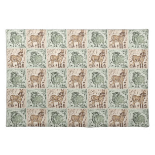 Block Print Sheep Donkey Quilt - Green Brown Cloth Placemat