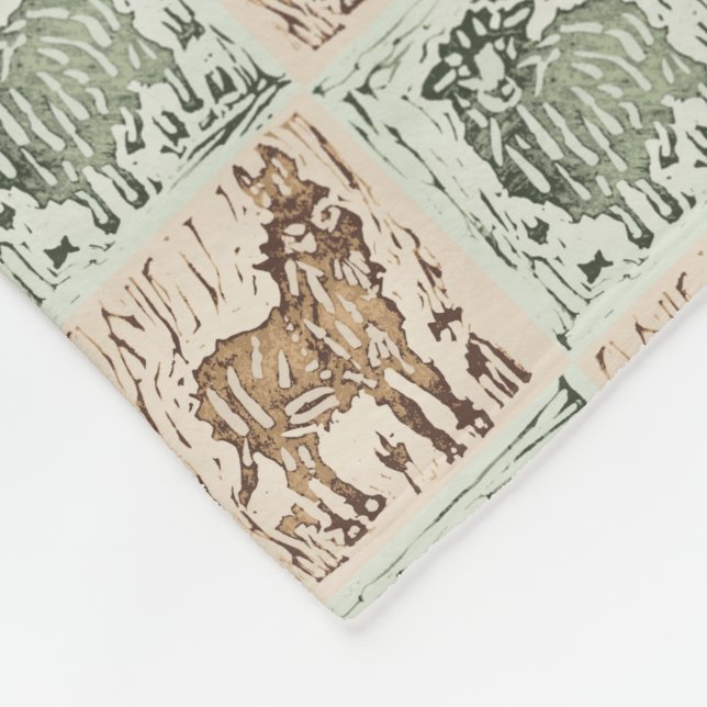 Block Print Sheep Donkey Quilt - Green Brown. Fleece Blanket (Corner)