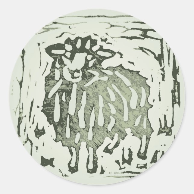 Block Print Sheep Donkey Quilt - green sheep. Classic Round Sticker (Front)