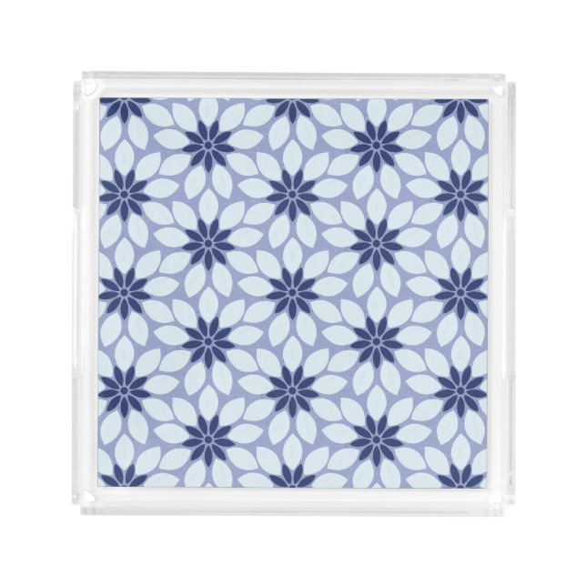 Block Print Tiled Flowers blue Acrylic Tray (Front)