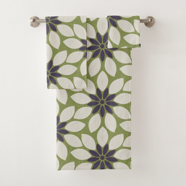 Block Print Tiled Flowers blue cream green Bath Towel Set (Insitu)