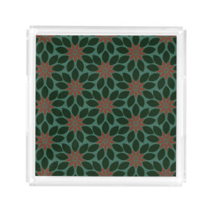 Block Print Tiled Flowers dark green red Acrylic Tray