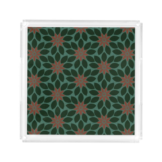 Block Print Tiled Flowers dark green red Acrylic Tray (Front)